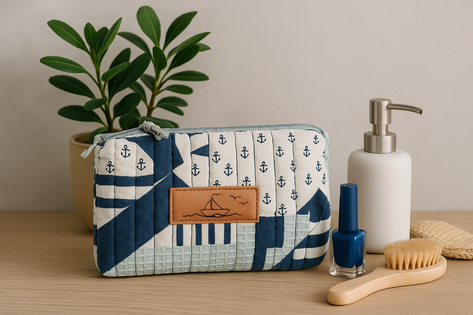 Trousse de rangement chutes de tissu, salle de bain, marin, accessoire salle de bain marin, Atelier Sa'Coud, tissu récupéré, chutes de tissus, upcycling