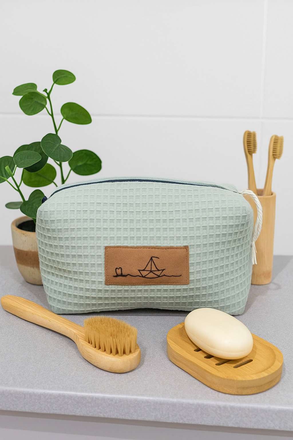 Trousse de rangement salle de bain, marin, marin, Atelier Sa'Coud, tissu récupéré, chutes de tissus, upcycling