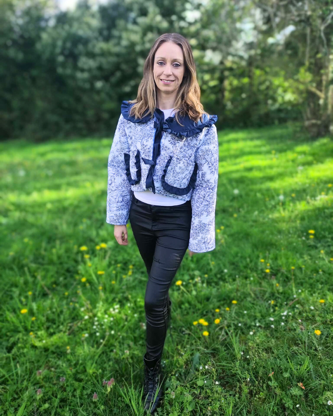 Veste manches longues, toile de jouy, maxi col, bleu, mi-saison, vêtement, Atelier Sa'Coud (1)