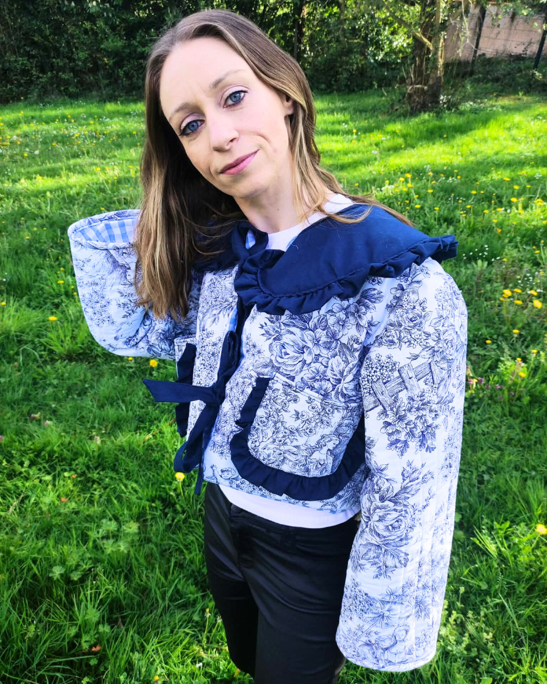Veste manches longues, toile de jouy, maxi col, bleu, mi-saison, vêtement, Atelier Sa'Coud (5)