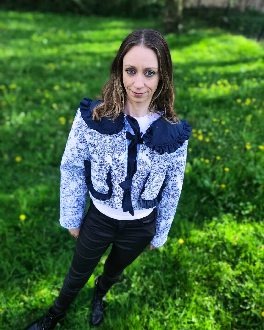 Veste manches longues, toile de jouy, maxi col, bleu, mi-saison, vêtement, Atelier Sa'Coud (6)